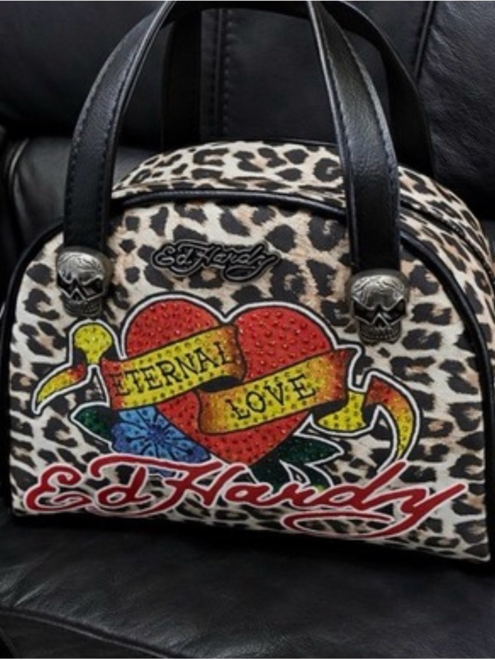 Ed Hardy Leopard Satchel with Red 'Eternal Love' Heart and Multicolor Banner